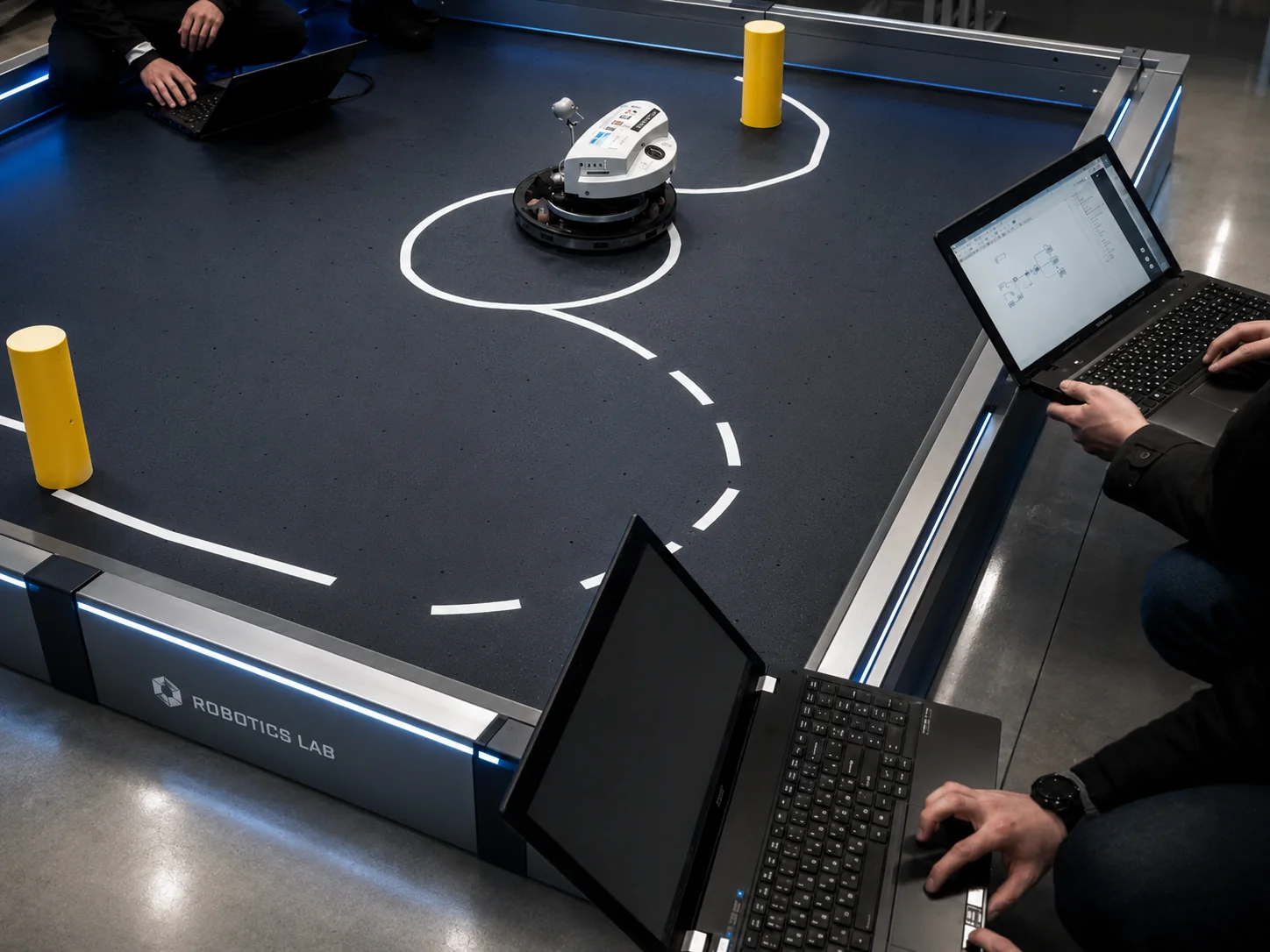Mobile robot platform tested on a marked laboratory track with a laptop nearby