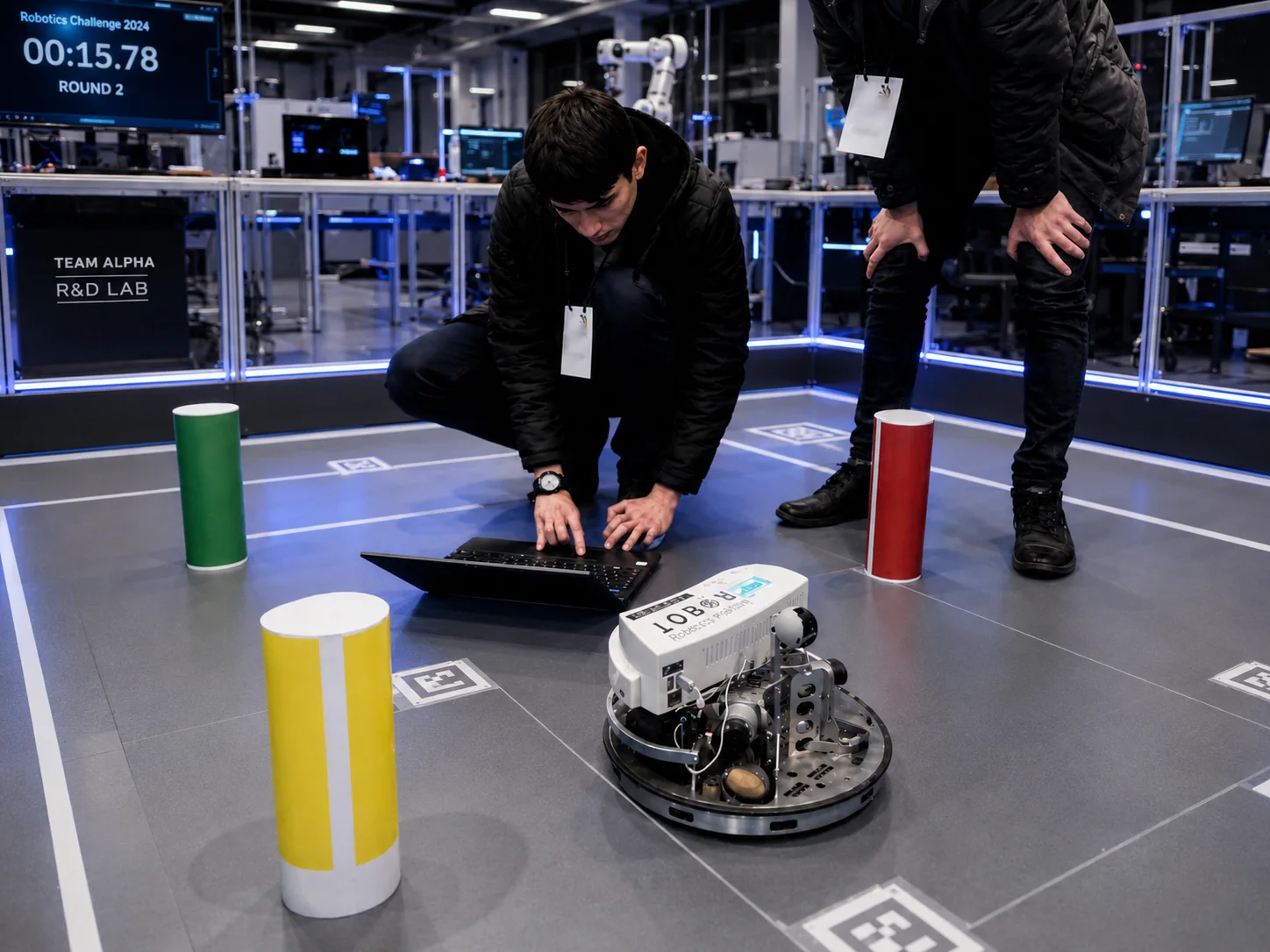 Engineering team validating a mobile robotic platform on a laboratory test track