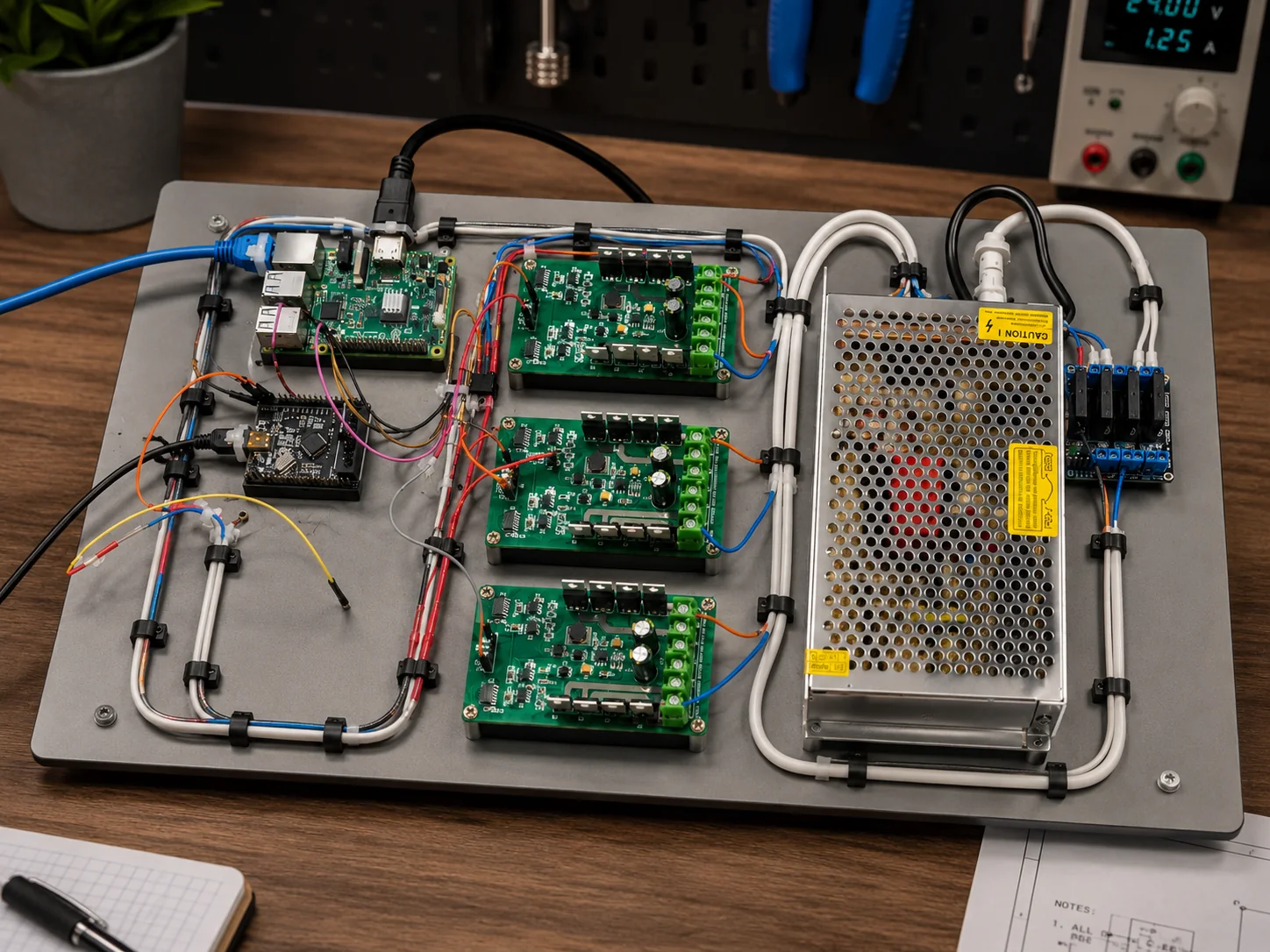 Hardware bench with populated PCB assemblies, wiring, and power electronics prepared for engineering validation