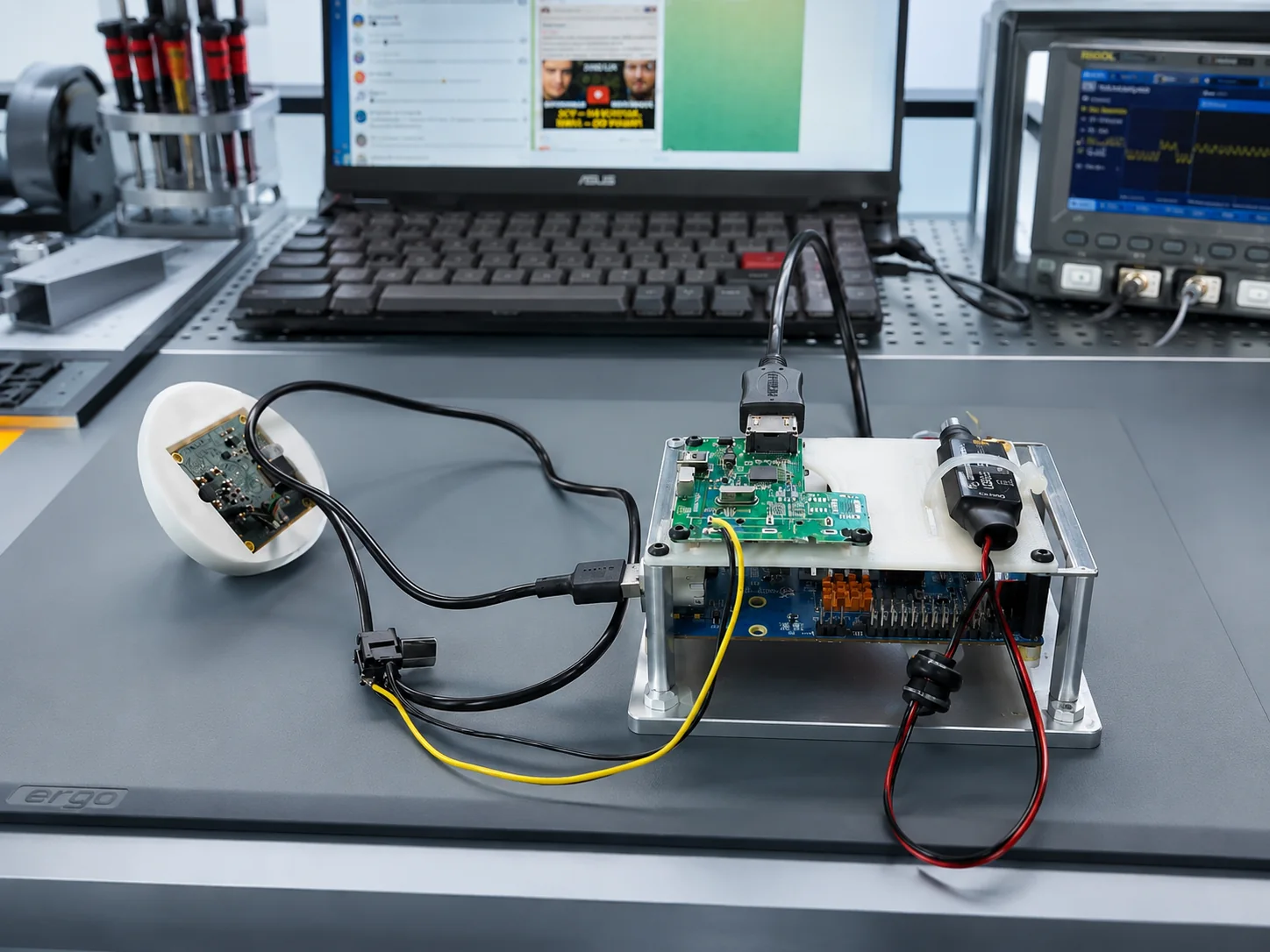 Electronic board on a laboratory bench connected to a laptop, oscilloscope probes, and power supply