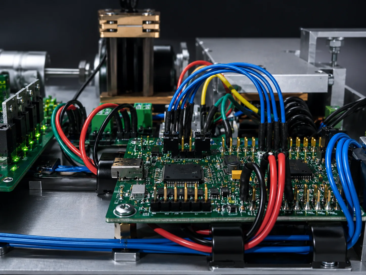 Hardware prototype with PCB, wiring, connectors, and bench instruments prepared for bring-up