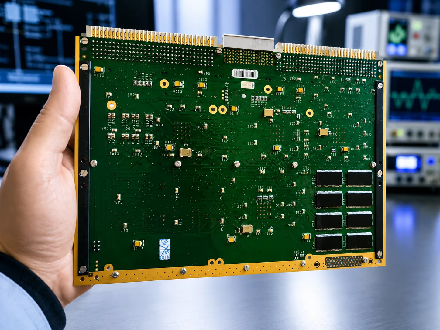 Engineer holding a populated PCB during hardware review and bring-up preparation