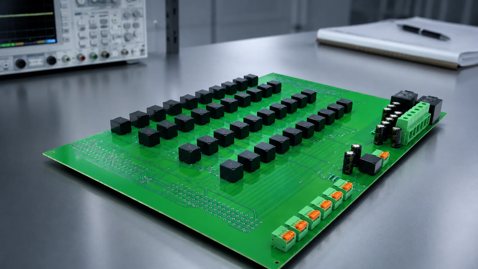 Green PCB with connector rows used to demonstrate board architecture and interface planning
