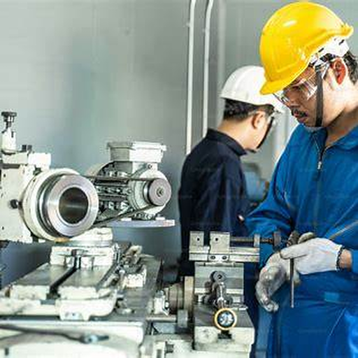 Machine-shop scene with engineers working on a mechanical machining setup
