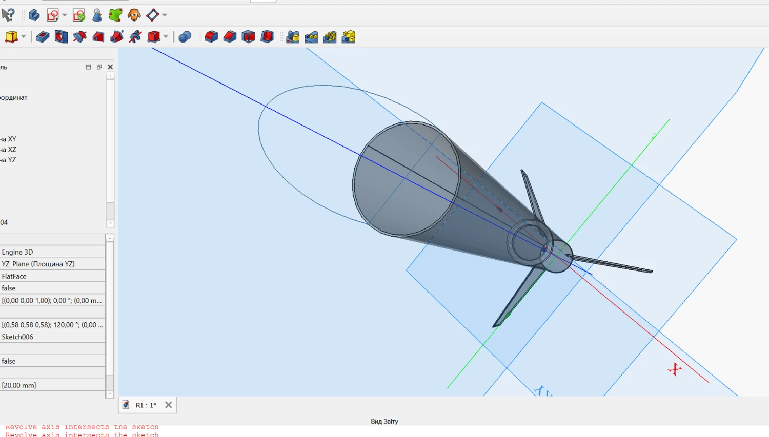 Perspective FreeCAD view of the rocket body showing rear packaging and control-surface arrangement