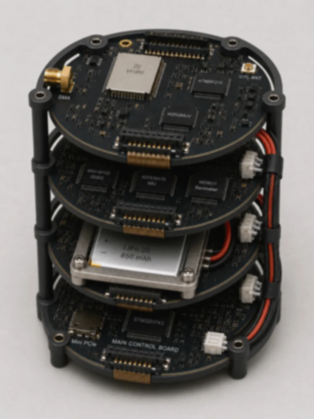 Softened view of a compact circular multi-board inertial-control electronics stack