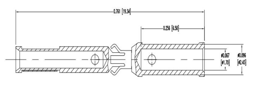 Dimensioned component interface drawing showing overall length, section length and two diameters